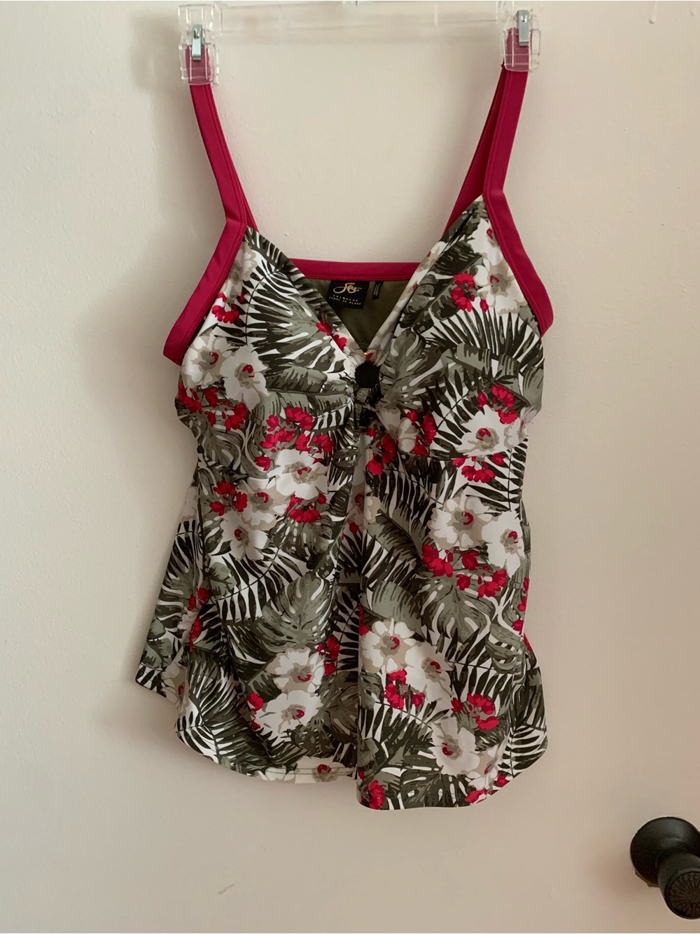 Sea , Women's Floral Palm Print V-Neck Tankini Top with Pink Trim